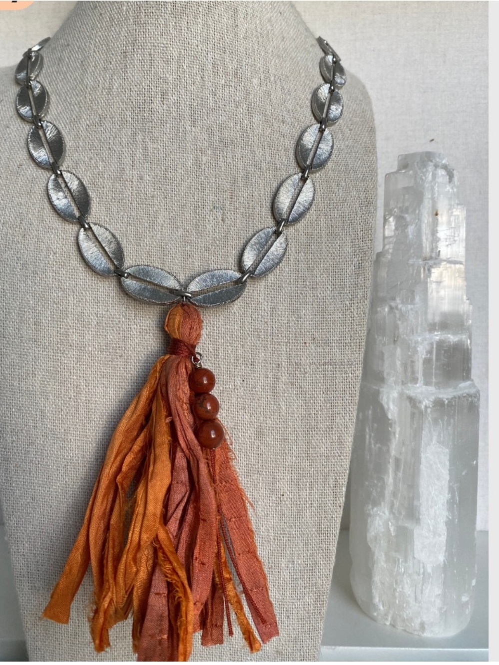 Vintage chain with sari silk tassel & red jasper beads.